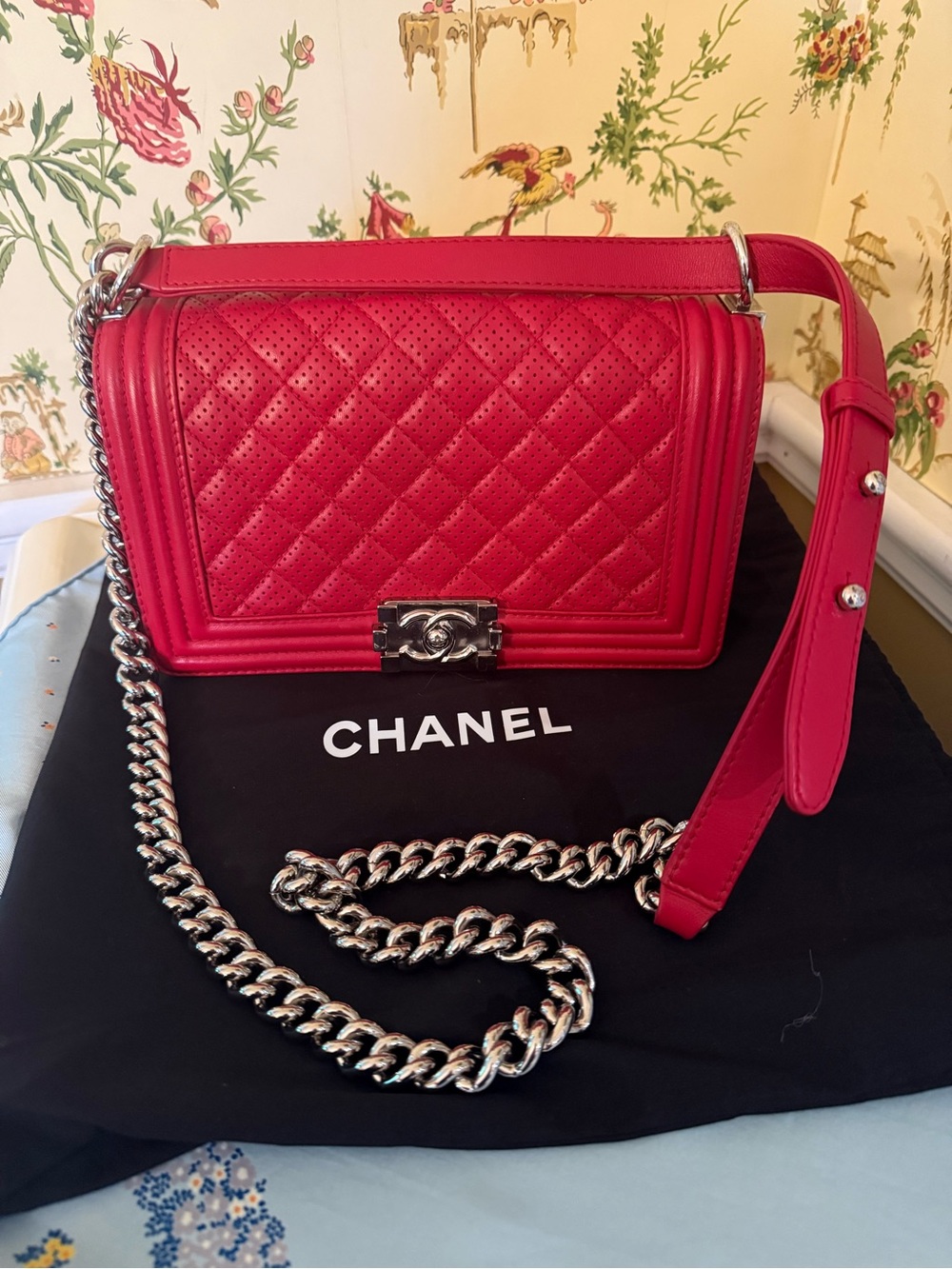 CHANEL Red Quilted Boy Flap Shoulder Bag with Silver Chain - Picture 10 of 10